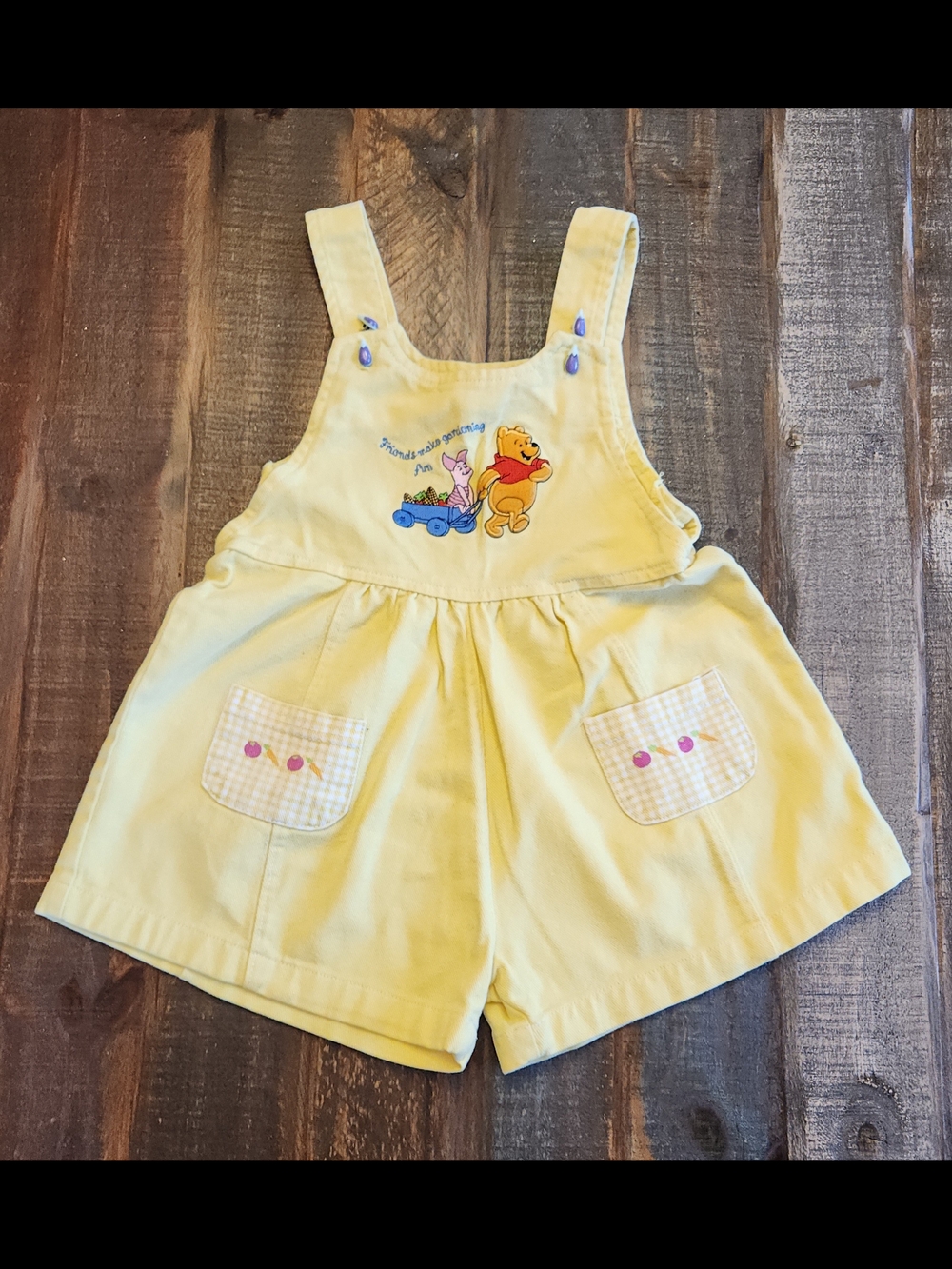 Girls' Yellow Winnie the Pooh Overall Shorts with Gingham Pockets